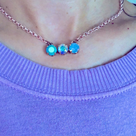 Iridescent Turquoise, Light Sapphire Opal +AB Crystal Bar Necklace - Picture 6 of 11